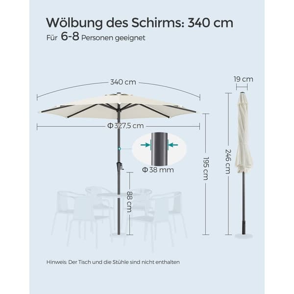 Rootz Beige Metal Paraply Parasol - Solskærm - Udendørs paraply - 180 g polyesterstof - 340 cm kurve - 327,5 cm Diameter - 38 mm stang - 246 cm Højde