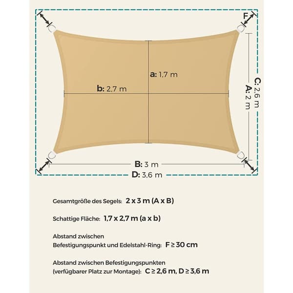 Rootz Sandy Yellow Shade Sail - Solskydd - UV-skydd - Utomhustak - 160 g/m2 polyestertyg - Ring i rostfritt stål - 2m x 3m - Lättvikt 1kg - Inkluderar