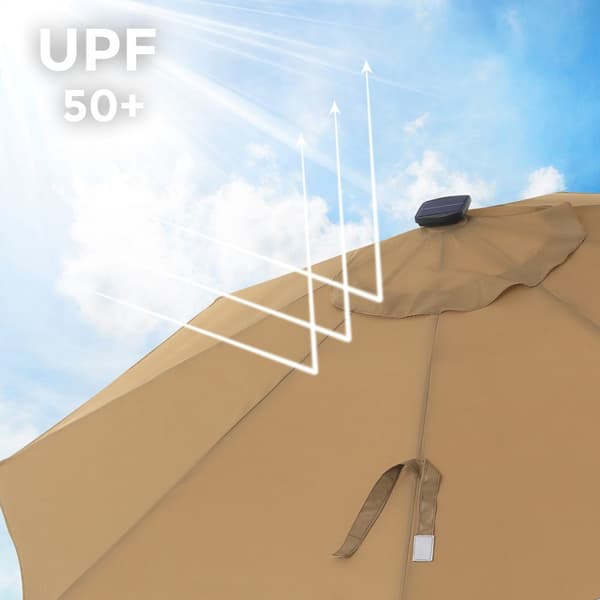 Rootz Solar LED uteplatsparaply - Utomhusparasoll - Solskydd - Romantisk belysning - UV-skydd - 2,7 m diameter - Taupe - Metallstång - 180 g/m² polyes