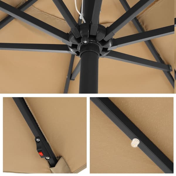 Rootz Solar LED uteplatsparaply - Utomhusparasoll - Solskydd - Romantisk belysning - UV-skydd - 2,7 m diameter - Taupe - Metallstång - 180 g/m² polyes