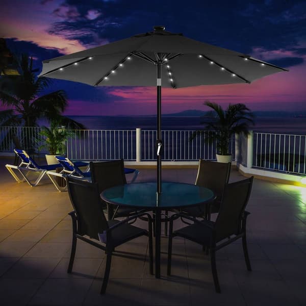 Rootz Solar LED uteplatsparaply - Utomhusparasoll - Solskydd - Romantisk belysning - UV-skydd - 2,7 m diameter - Grå - Metallstång - 180 g/m² Polyeste