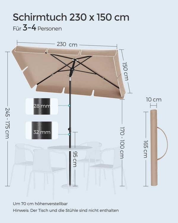 Rootz Taupe stålram Parasoll - Parasoll - Utomhusskärm - Polyestertyg - Justerbar höjd - 230 cm x 150 cm - Lättvikt - Bärbar - 175-245 cm upprätt mått