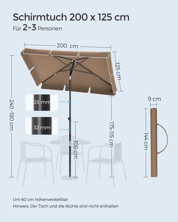 Rootz uteplatsparaply - Solskydd - Solskydd - Stålram - Polyestertyg - 200 cm x 125 cm - Justerbar höjd - Lättvikt - Valnötsbrun - 2,9 kg