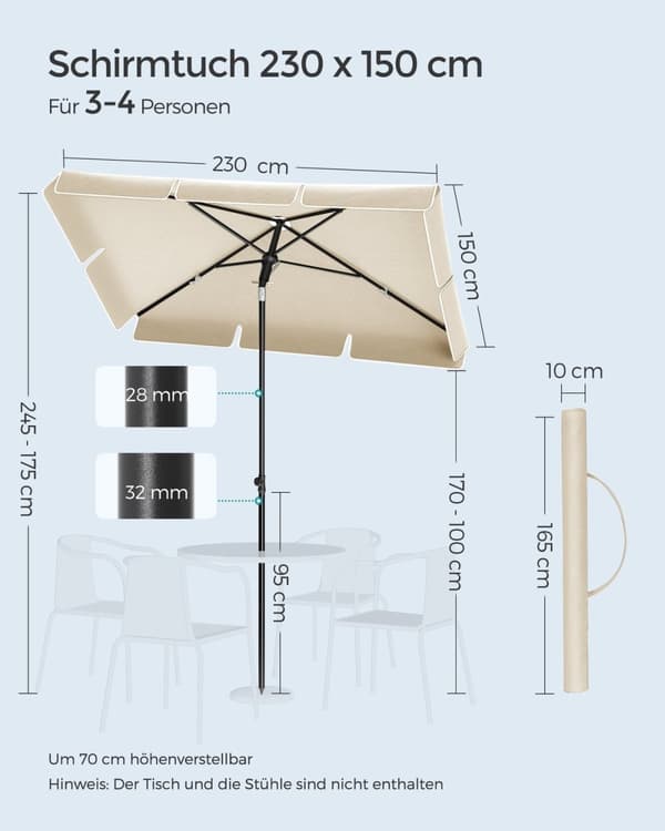 Rootz Beige teräsrunkoinen aurinkovarjo - Aurinkovarjo - Ulkovarjostin - Polyesterikangas - 230 cm x 150 cm - Säädettävä korkeus - Kevyt - Sisältää sä
