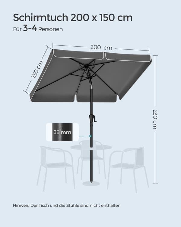 Rootz Grå Stålramme Parasol - Solskærm - Udendørs paraply - 180g/m2 polyesterstof - UV-beskyttelse - Nem montering - 200 cm x 150 cm x 220 cm
