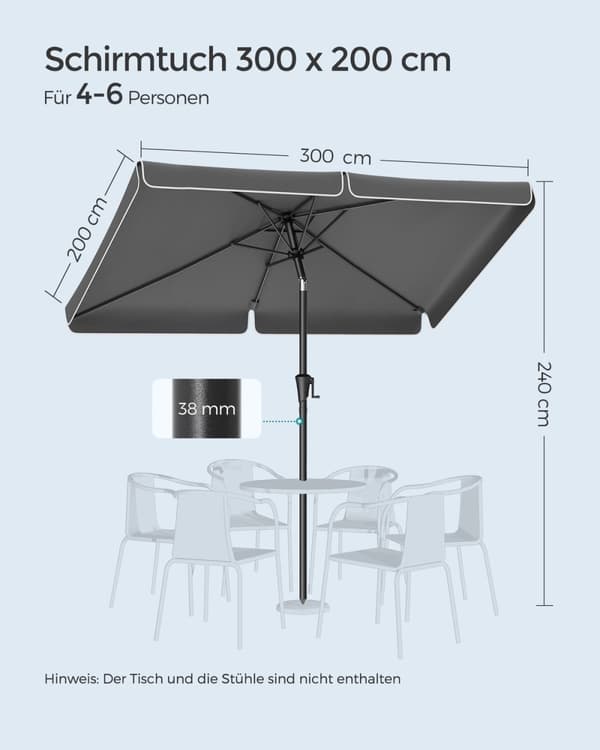 Rootz Grå Stålram Parasoll - Utomhusparaply - Solskydd - Polyestertyg - UV-skydd - Enkel montering - 300cm x 200cm x 240cm