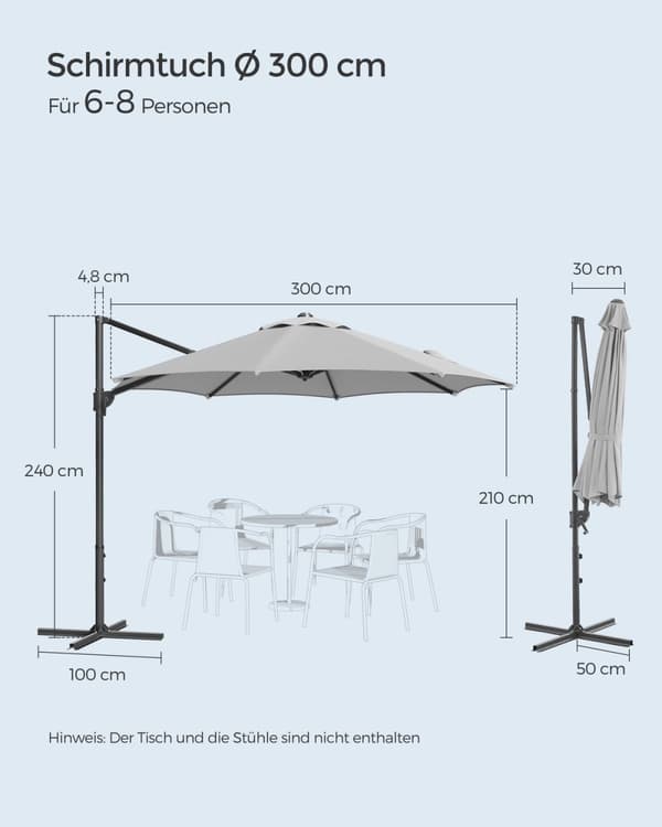 Rootz Cantilever -sateenvarjo - Patio sateenvarjo - Ulkosateenvarjo - Teräsrunko - 180 g/m2 Polyesterikangas - 300cm Halkaisija - 240cm Korkeus - Dove