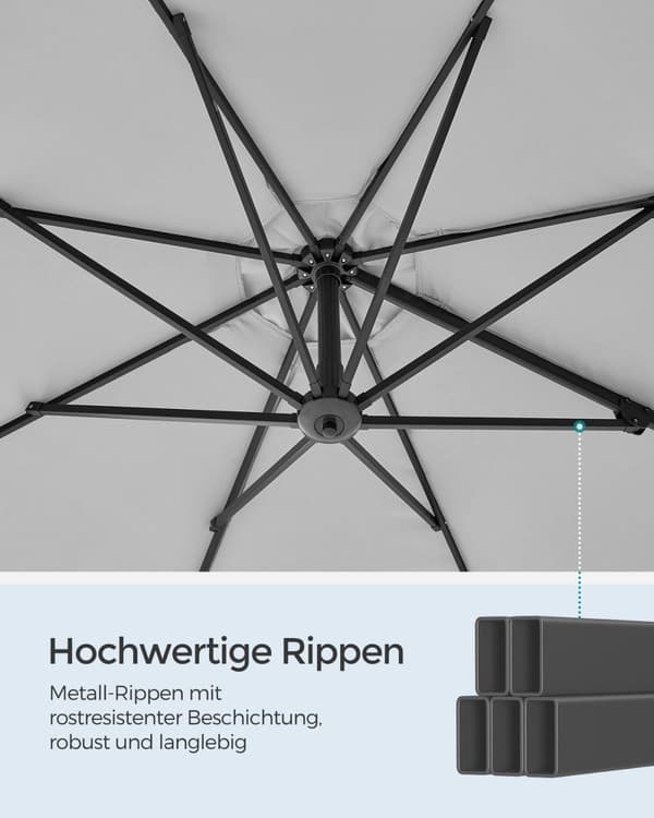 Rootz Cantilever -sateenvarjo - Patio sateenvarjo - Ulkosateenvarjo - Teräsrunko - 180 g/m2 Polyesterikangas - 300cm Halkaisija - 240cm Korkeus - Dove