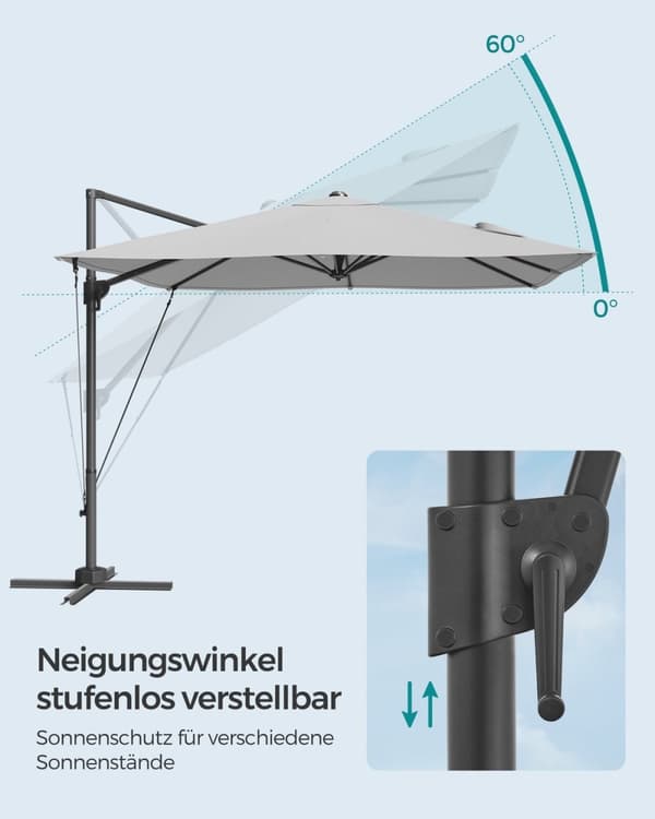 Rootz Cantilever sateenvarjo - Patio sateenvarjo - Offset sateenvarjo - Teräsrunko - 180g/m2 Polyesteri - Dove Grey - 270cm x 270cm - 240cm Korkeus -