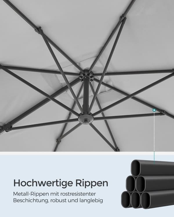 Rootz Cantilever sateenvarjo - Patio sateenvarjo - Offset sateenvarjo - Teräsrunko - 180g/m2 Polyesteri - Dove Grey - 270cm x 270cm - 240cm Korkeus -