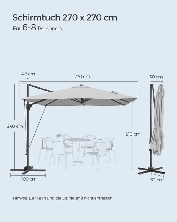Rootz Cantilever sateenvarjo - Patio sateenvarjo - Offset sateenvarjo - Teräsrunko - 180g/m2 Polyesteri - Dove Grey - 270cm x 270cm - 240cm Korkeus -