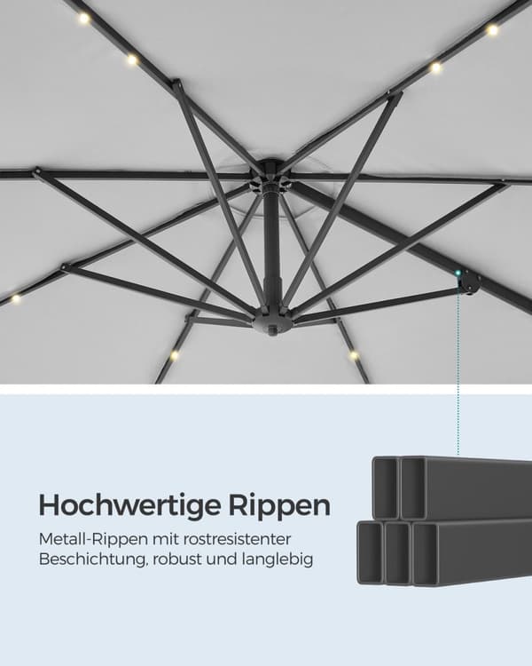 Rootz Cantilever -sateenvarjo - Patio sateenvarjo - Ulkosateenvarjo - Teräsrunko - 180 g/m2 Polyesteri - Ø 300cm - 240cm Korkeus - Dove Grey - 15,3kg