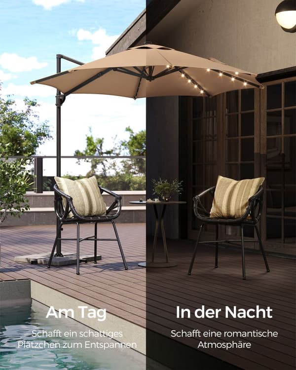 Rootz Cantilever Paraply - Patio Paraply - Udendørs Paraply - Stålramme - 180g/m2 Polyester - Ø 300cm - 240cm Højde - Camel Brown - 15,3kg - Solpanel