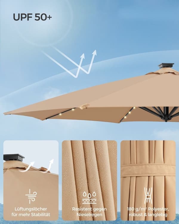 Rootz Cantilever Paraply - Patio Paraply - Udendørs Paraply - Stålramme - 180g/m2 Polyester - Ø 300cm - 240cm Højde - Camel Brown - 15,3kg - Solpanel