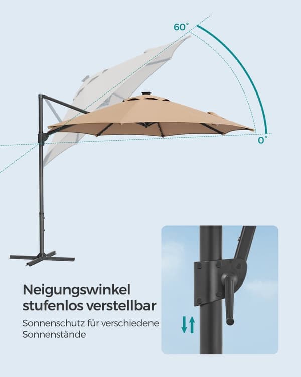 Rootz Cantilever Paraply - Patio Paraply - Udendørs Paraply - Stålramme - 180g/m2 Polyester - Ø 300cm - 240cm Højde - Camel Brown - 15,3kg - Solpanel