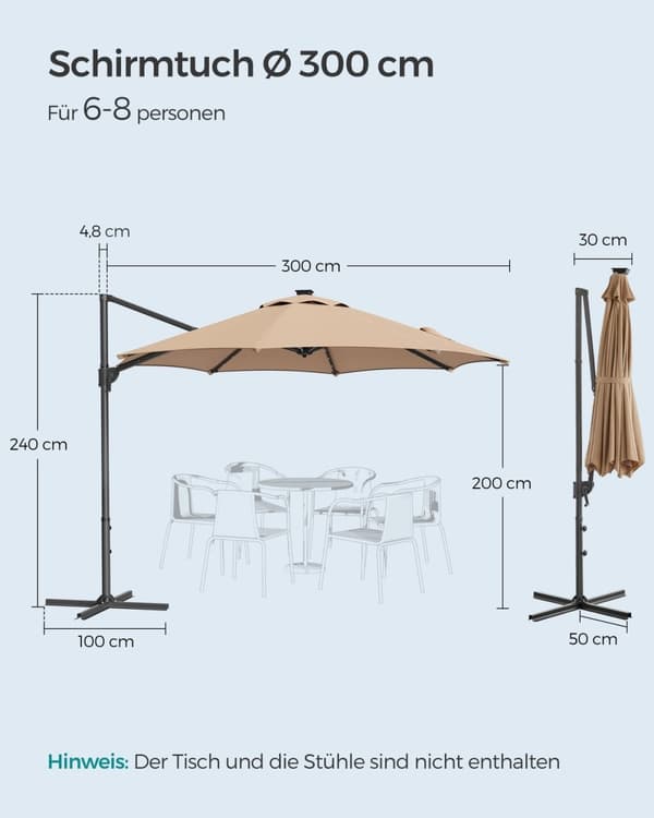 Rootz Cantilever Paraply - Patio Paraply - Udendørs Paraply - Stålramme - 180g/m2 Polyester - Ø 300cm - 240cm Højde - Camel Brown - 15,3kg - Solpanel