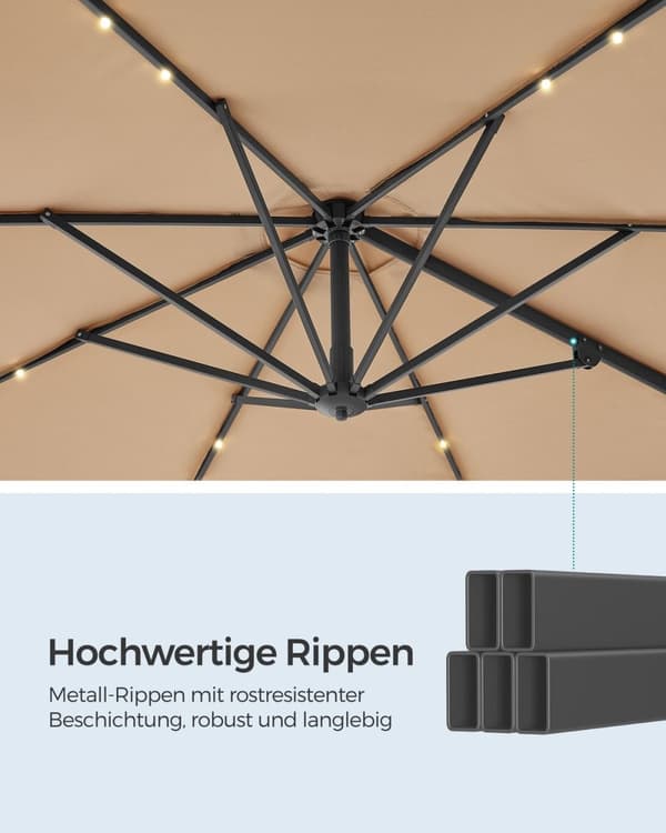 Rootz Cantilever Paraply - Patio Paraply - Udendørs Paraply - Stålramme - 180g/m2 Polyester - Ø 300cm - 240cm Højde - Camel Brown - 15,3kg - Solpanel