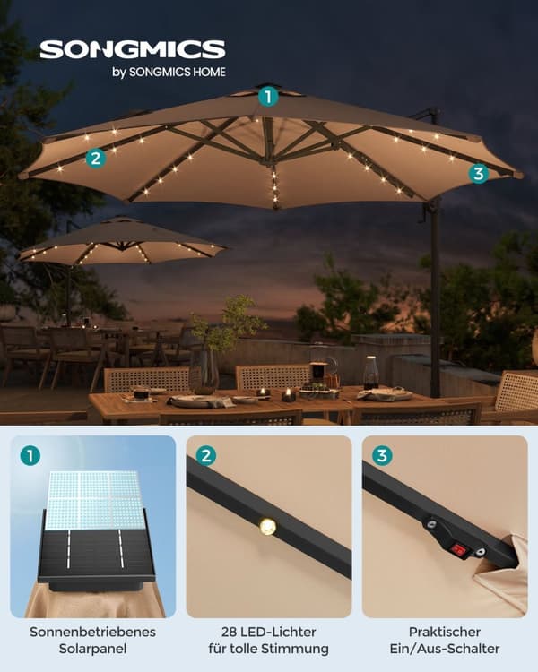 Rootz Cantilever Paraply - Patio Paraply - Udendørs Paraply - Stålramme - 180g/m2 Polyester - Ø 300cm - 240cm Højde - Camel Brown - 15,3kg - Solpanel