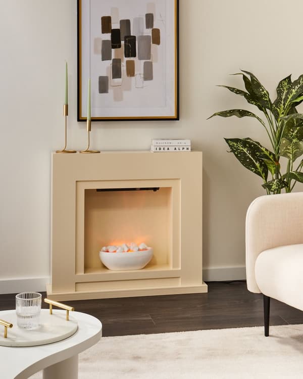Elektrisk Eldstad Värmare Beige MDF Spismantel LED Kol Småstenar Eldflammor med Termostat