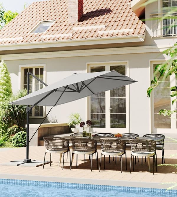 Rootz Crank Betjent Due Grå Parasol - Cantilever Paraply - Stålramme - 270cm x 270cm - 240cm Højde - Tværbase.