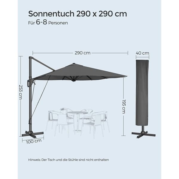 Rootzin ulokesateenvarjo - Harmaa aurinkovarjo - Ulkokatos - 360°:n kierto - 4 kulman säätö - UPF 50+ - Vettä hylkivä - 200g/m² Polyesteri - 3m x 3m