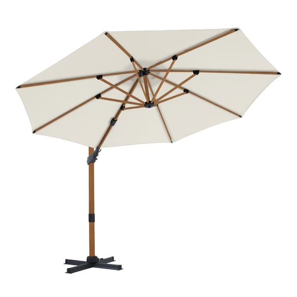 AXI Cyrus Premium Parasoll Rund Ø 300 cm i Trälook / Beige | Runt parasoll för trädgården med aluminiumram | Inklusive kryssfot &amp; lås