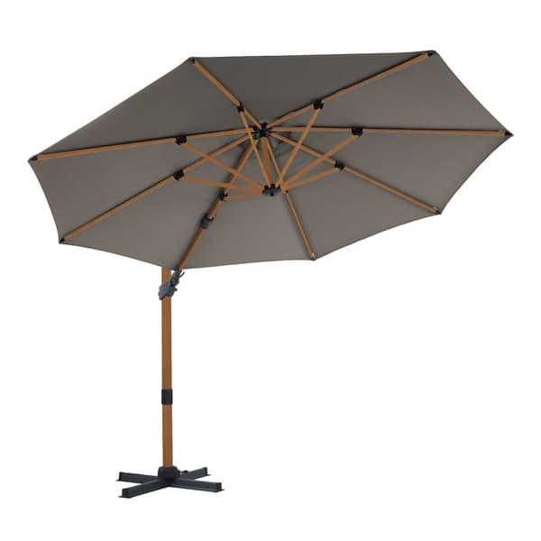 AXI Cyrus Premium aurinkovarjo pyöreä Ø 300 cm Wood look / Taupe väri | Pyöreä aurinkovarjo puutarhaan alumiinirungolla | Sisältää ristijalan ja