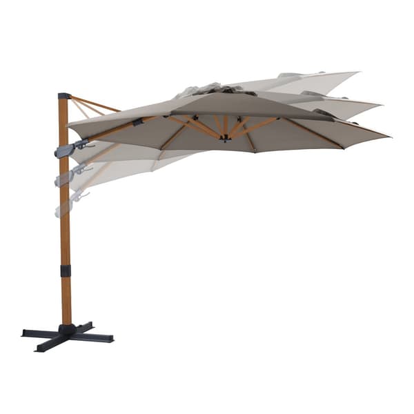 AXI Cyrus Premium aurinkovarjo pyöreä Ø 300 cm Wood look / Taupe väri | Pyöreä aurinkovarjo puutarhaan alumiinirungolla | Sisältää ristijalan ja