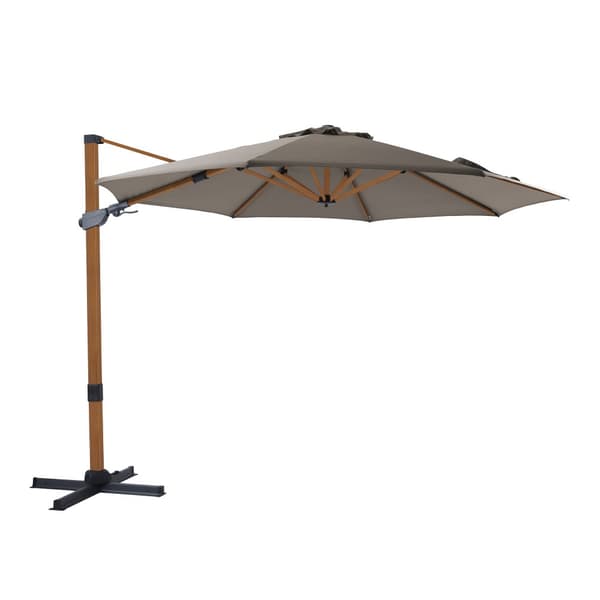 AXI Cyrus Premium aurinkovarjo pyöreä Ø 300 cm Wood look / Taupe väri | Pyöreä aurinkovarjo puutarhaan alumiinirungolla | Sisältää ristijalan ja