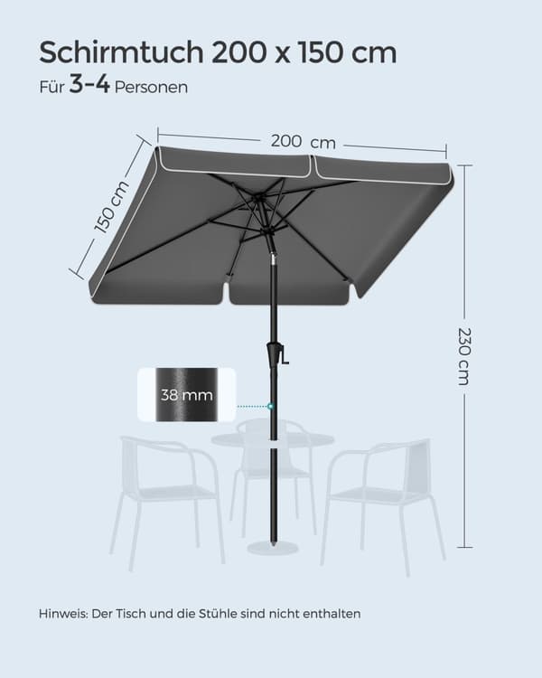 Parasol - 200 x 150 cm - rektangulær - grå