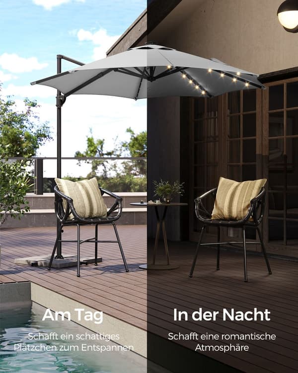 Parasol - flytande parasol - med vev - med belysning - grå
