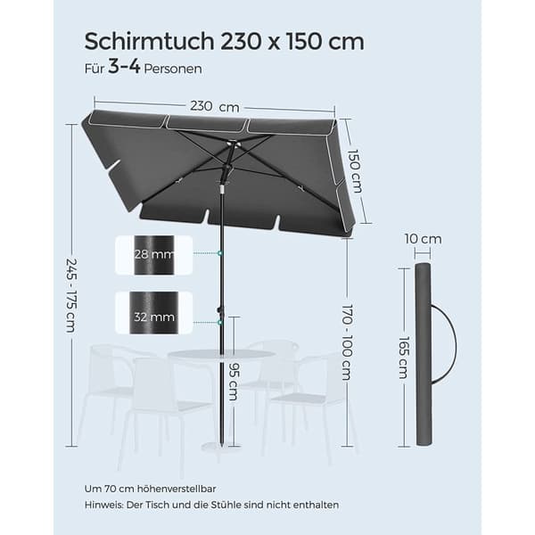 Parasoli 230 x 150 cm korkeus säädettävä harmaa