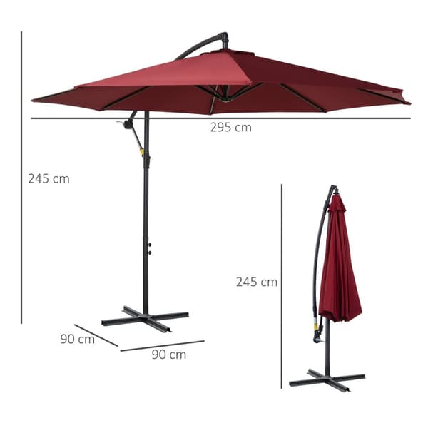 Rootz Offset Parasol - Kallistettava sateenvarjo - Patio Canopy - UV -suojaus - Ø 2,95 x 2,45H M - Viininpunainen - Teräsrunko - Easy Crank -järjestel