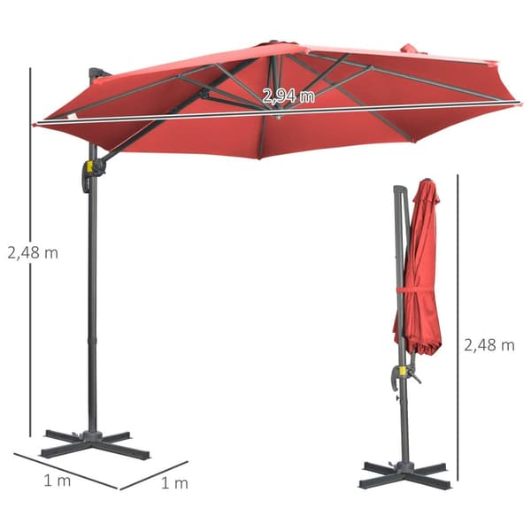 Rootzin omavarainen parasoli - puutarhan sateenvarjo - Patio -sävy - kallistettava ja 360 ° kääntö - Ø 2,94 m x 2,48m - punainen teräsjalustalla