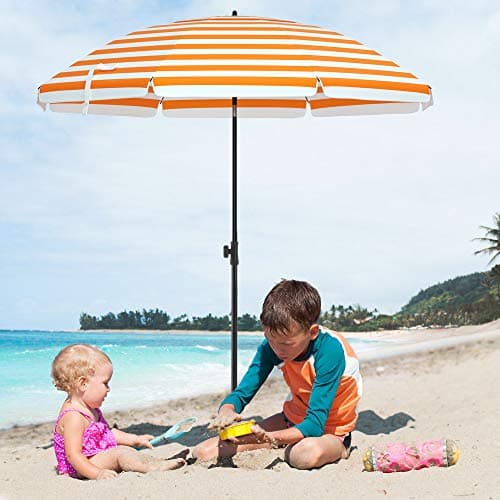 Strandparasol - Ø 160 cm - vikbar - randig orange / vit