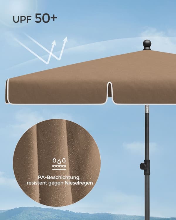Solskærm, rektangulær haveparaply, 200 x 125 cm, Grå, Valnød Brun