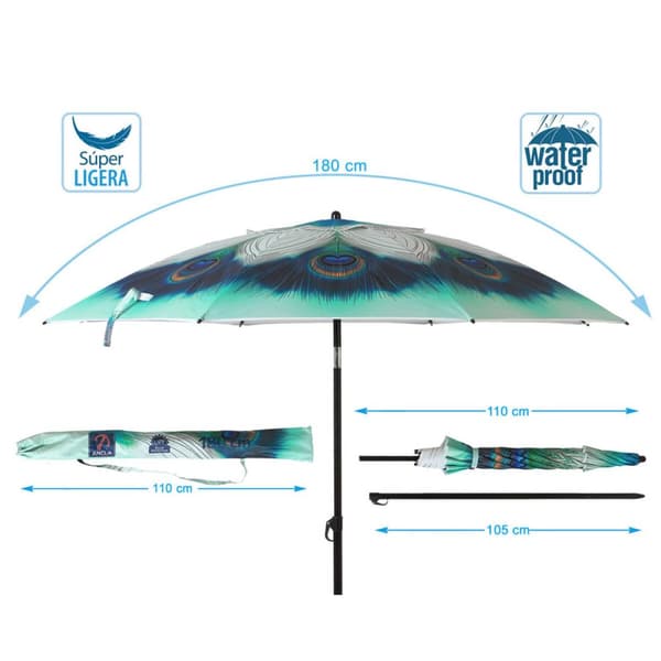 Parasoll Grön Ø 180 cm SPF50+ Påfågel