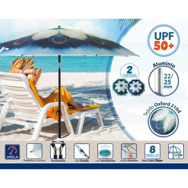 Aurinkovarjo Sininen Ø 200 cm SPF50+ Riikinkukko