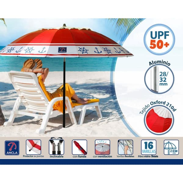 Strandparasoll Rød Ø 240 cm SPF50+ Anker
