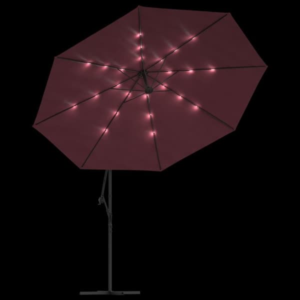 Frihängande trädgårdsparasoll med LEDs och vinröd 350 cm