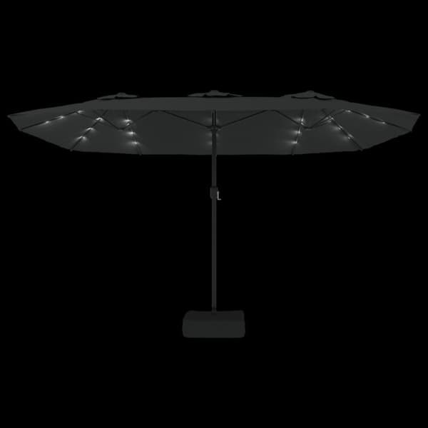 Trädgårdsparasoll dubbelt med LEDs svart 449x245 cm