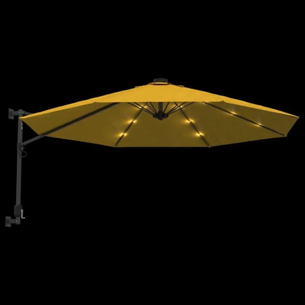 Väggmonterat parasoll med LED-lampor gul 290 cm