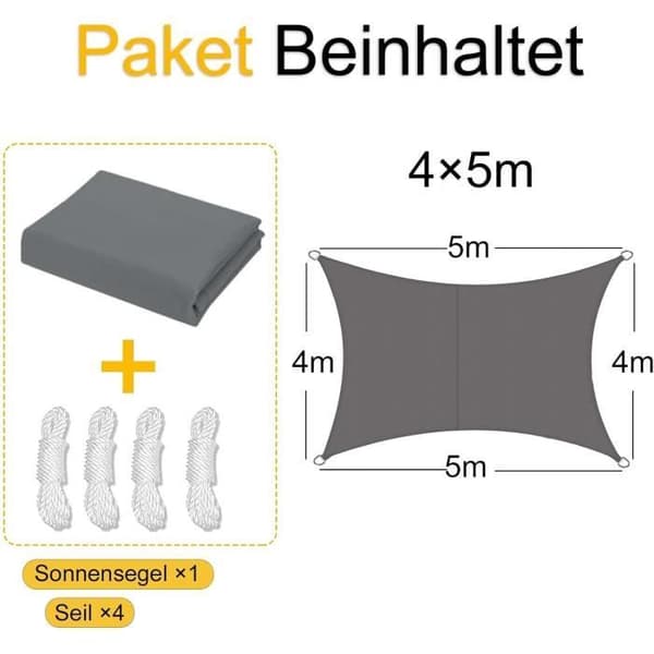 Sunal rektangulär skuggduk 4 x 5 m i vattentåligt polyester PES 95 UV-skydd - Grå