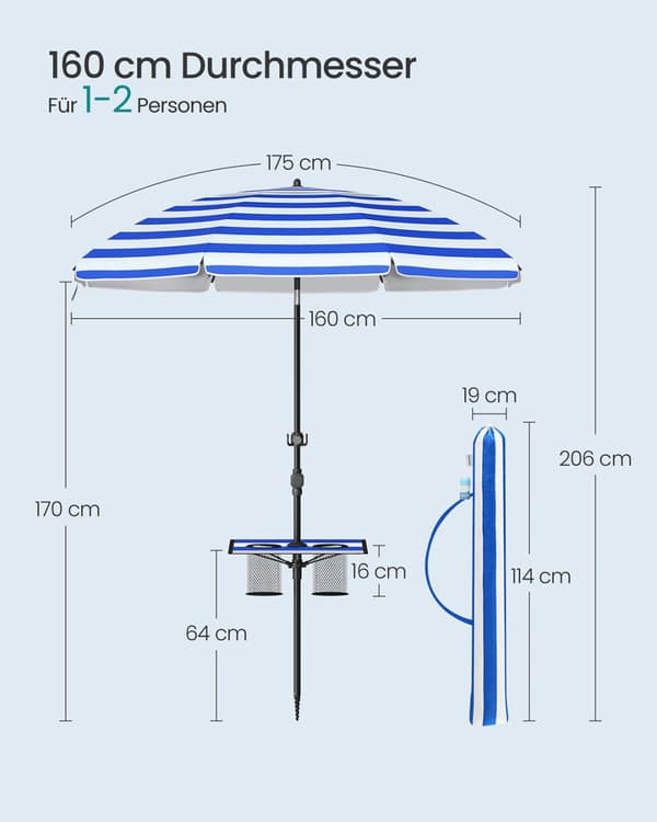 Solparasol, SONGMICS GPU0080Q01, 160 cm, Blå