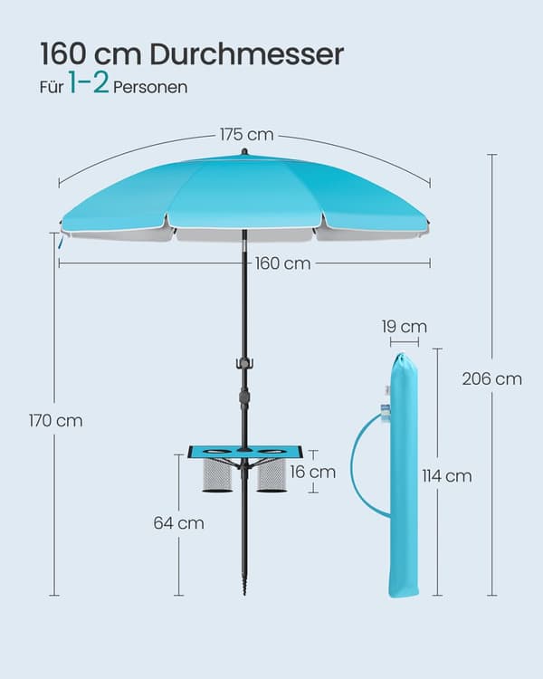 Solparasoll, SONGMICS GPU0080Q01, 160 cm, Blå
