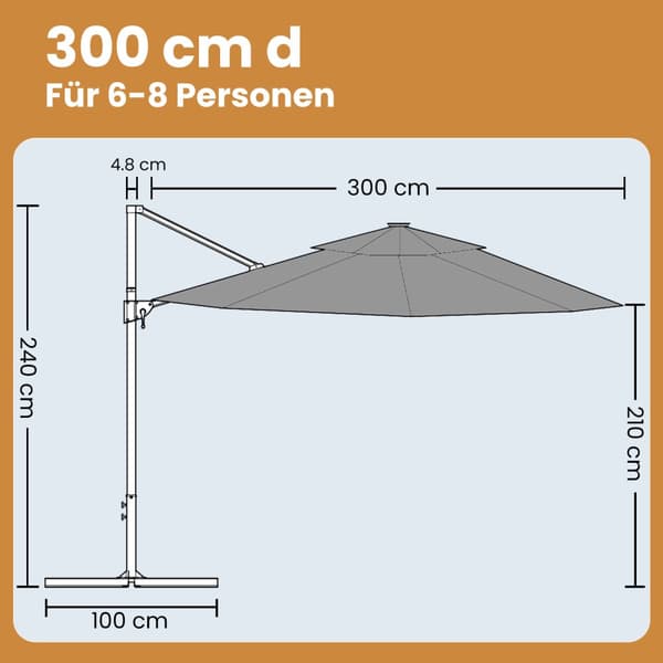 Auringonvarjo, 300 cm, Pigeon Grey