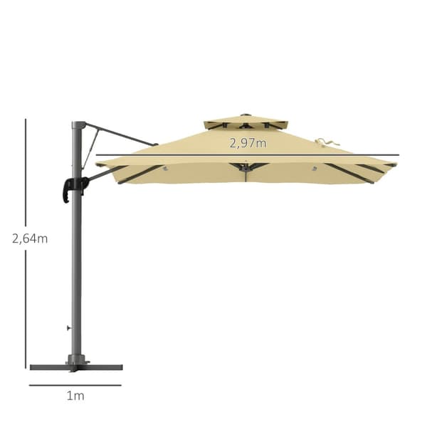 Rootz 3m neliömäinen sateenvarjo - Parasol - Patio Sunshield - 360 ° kierto - 297x297x264cm - hydraulinen katto, alumiinirunko, beige