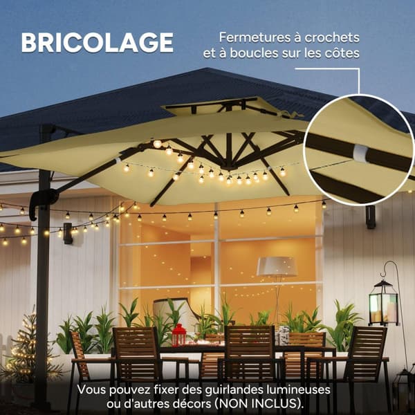Rootz 3m neliömäinen sateenvarjo - Parasol - Patio Sunshield - 360 ° kierto - 297x297x264cm - hydraulinen katto, alumiinirunko, beige