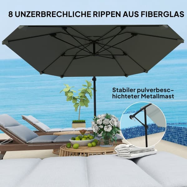 Rootz -alumiini Ø 260 cm: n parasoli - patio sateenvarjo - parveke katos - vedenpitävä kampi - lasikuitu kylkiluut - 304 cm x 260cm x 245 cm
