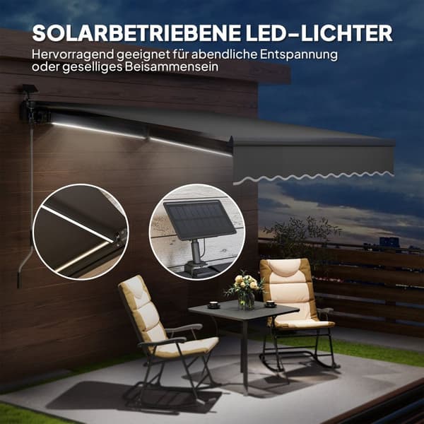Rootz Klemmmarkise - UV Protection Awnure - Joint Arm Awnings - Solar -drevet LED -lys - 295 cm x 250 cm - Forbedre udendørs komfort